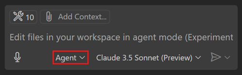 Screenshot showing the Chat view, highlighting agent mode selected.